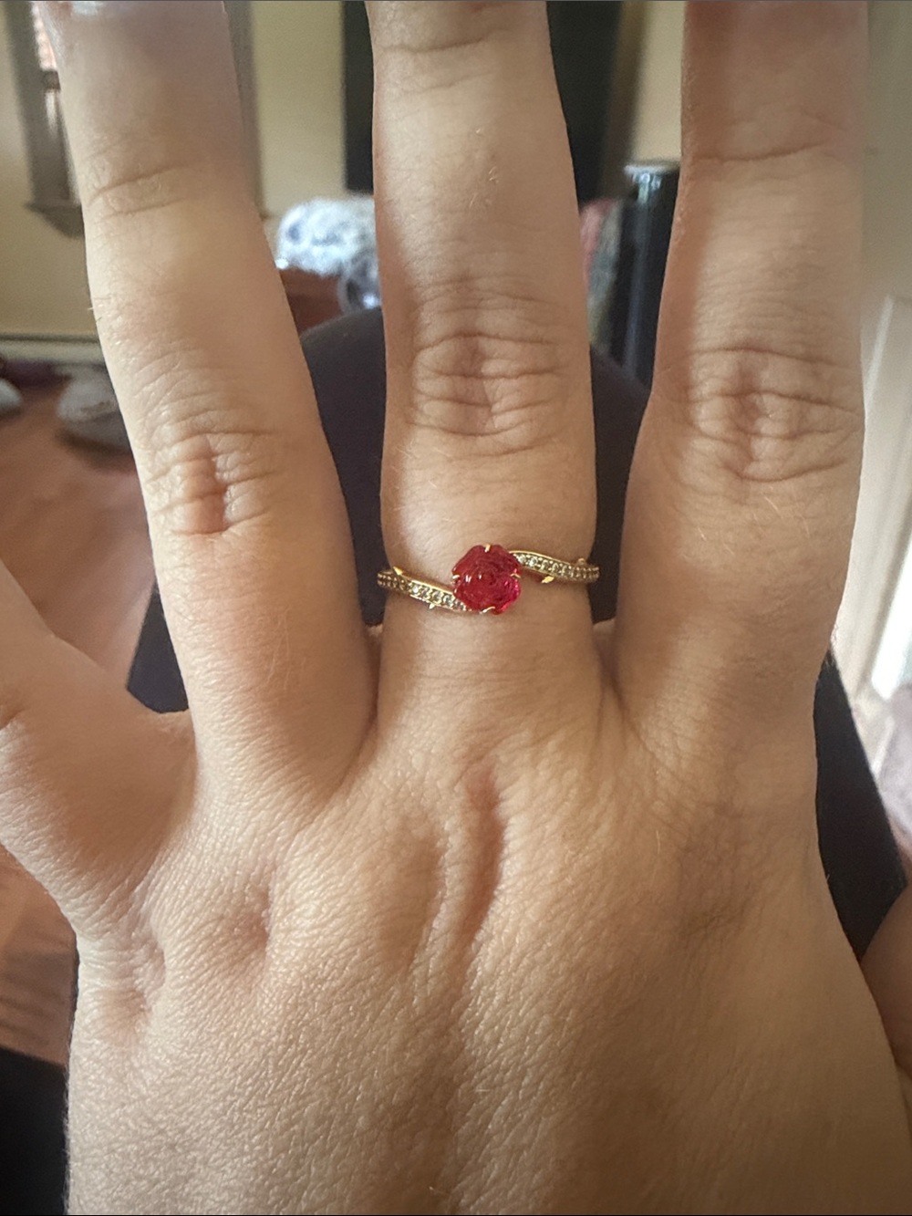 Pandora Gold-Tone Ring with Red Center Gem and Pavé Twist Band